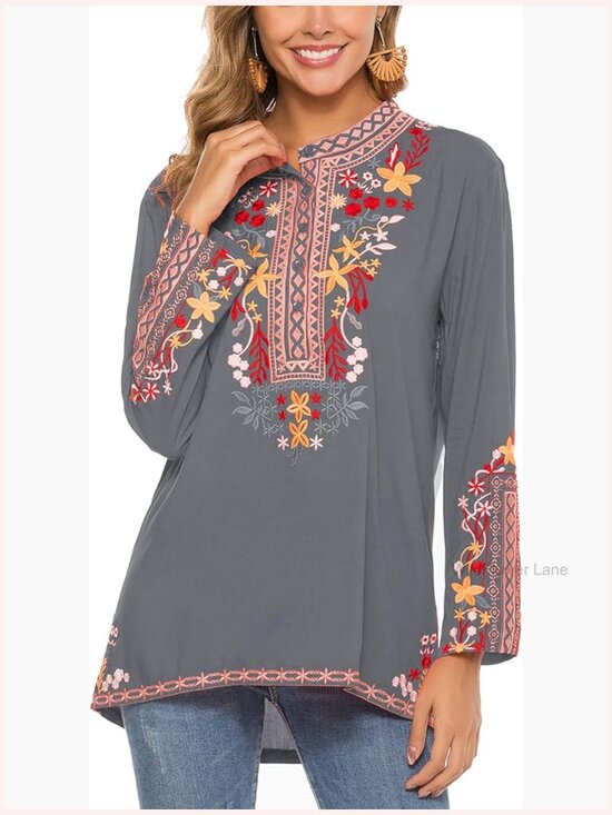 Tops - Boho Embroidered Long Sleeve Tunic Blouse Women Peasant Top